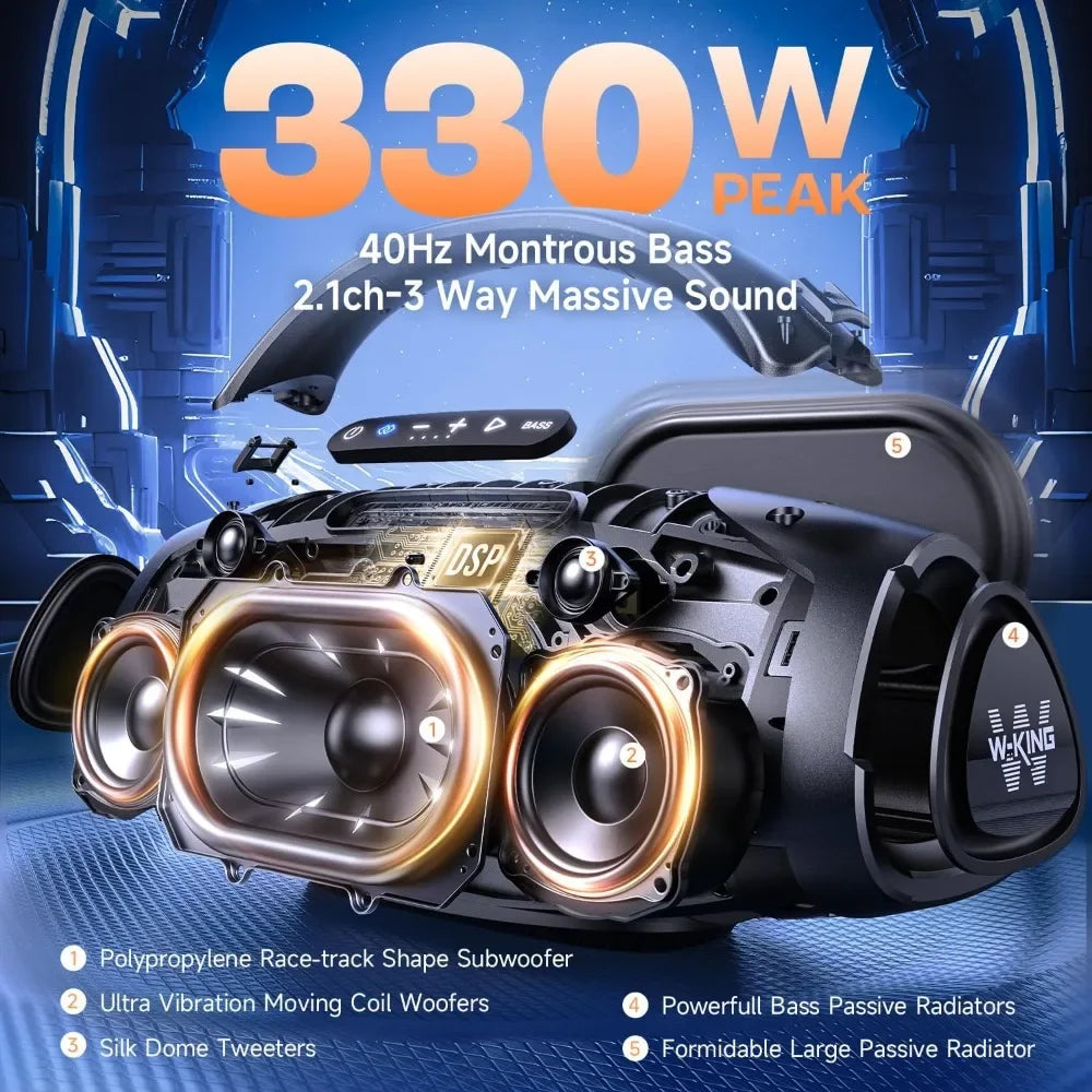Customizable-W-KING 330W Peak Loudest Boom Box, IPX7 Waterproof Party Bluetooth Speaker With 7.5" Subwoofer, Massive Bass, Hi-Fi