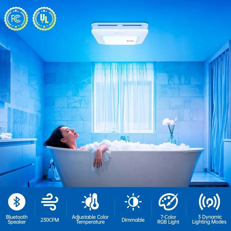 HOME.Bathroom Exhaust Fan with Bluetooth Speaker, 230 CFM 1.0 Sone Bathroom Exhaust Fan with Light, 3 Dynamic Light, 7 LED Color