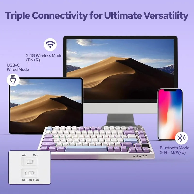 Ajazz AK820 Pro 75% Mechanical Keyboard, Gasket-Mounted Gaming Keyboard Bluetooth 5.1/2.4G Wireless/Type-C Wired Custom
