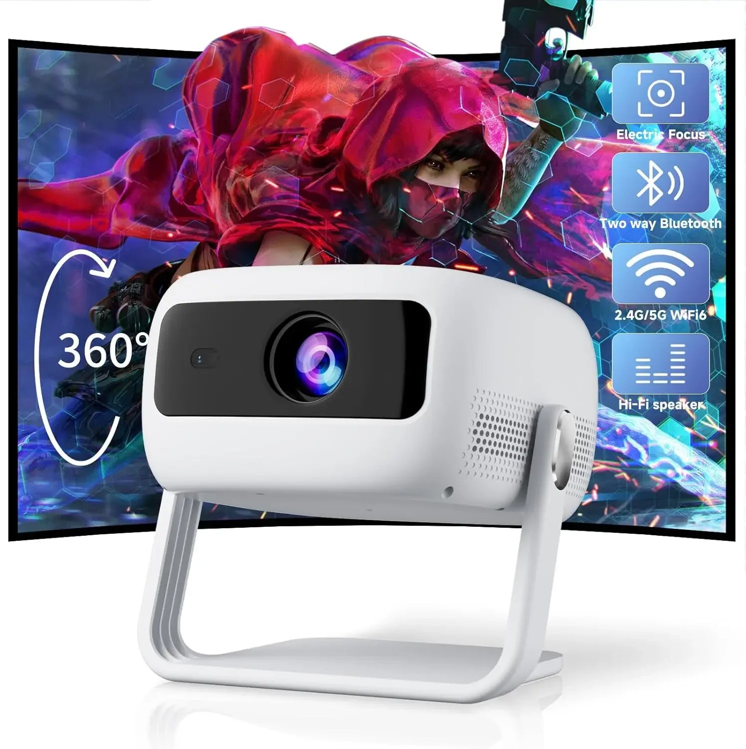 Stand] Mini Projector with WiFi and Bluetooth: Electric Focus & Auto Keystone 1080p Supported