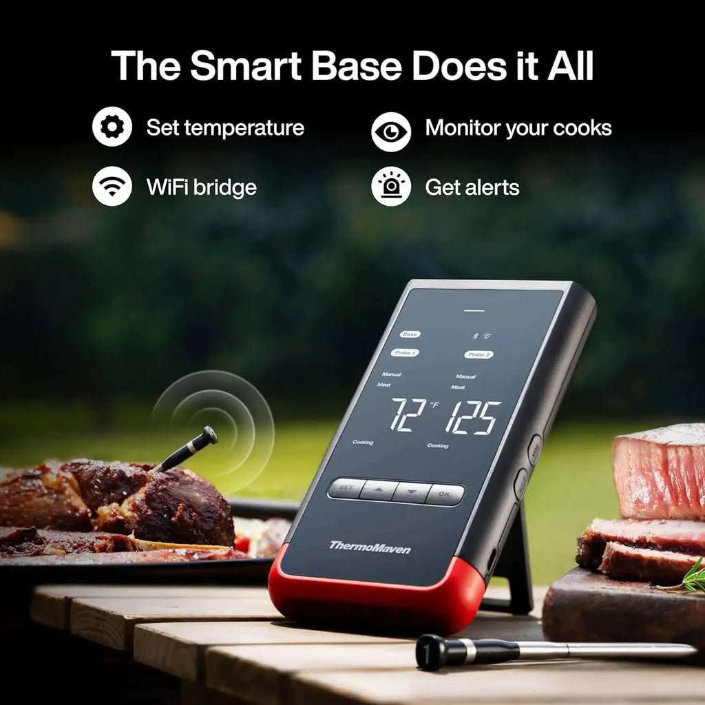 Wireless Smart Bluetooth Meat Thermometer: Standalone Base, WiFi Unlimited Range, 6 Sensors