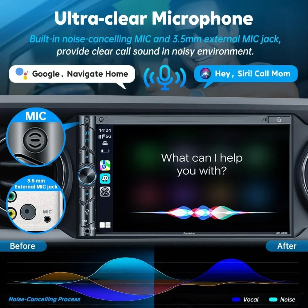 Customizable-Upgrade Wireless Double Din Car Stereo With Carplay, Android Auto, Bluetooth, 4-Channel RCA, High Power, 2 Subwoofe