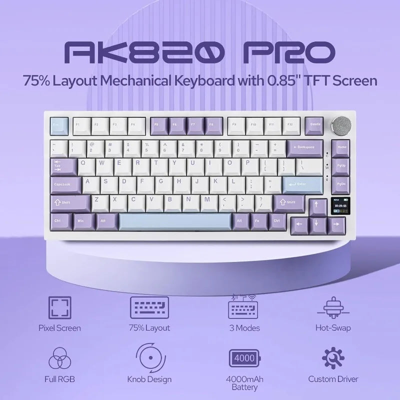 Ajazz AK820 Pro 75% Mechanical Keyboard, Gasket-Mounted Gaming Keyboard Bluetooth 5.1/2.4G Wireless/Type-C Wired Custom