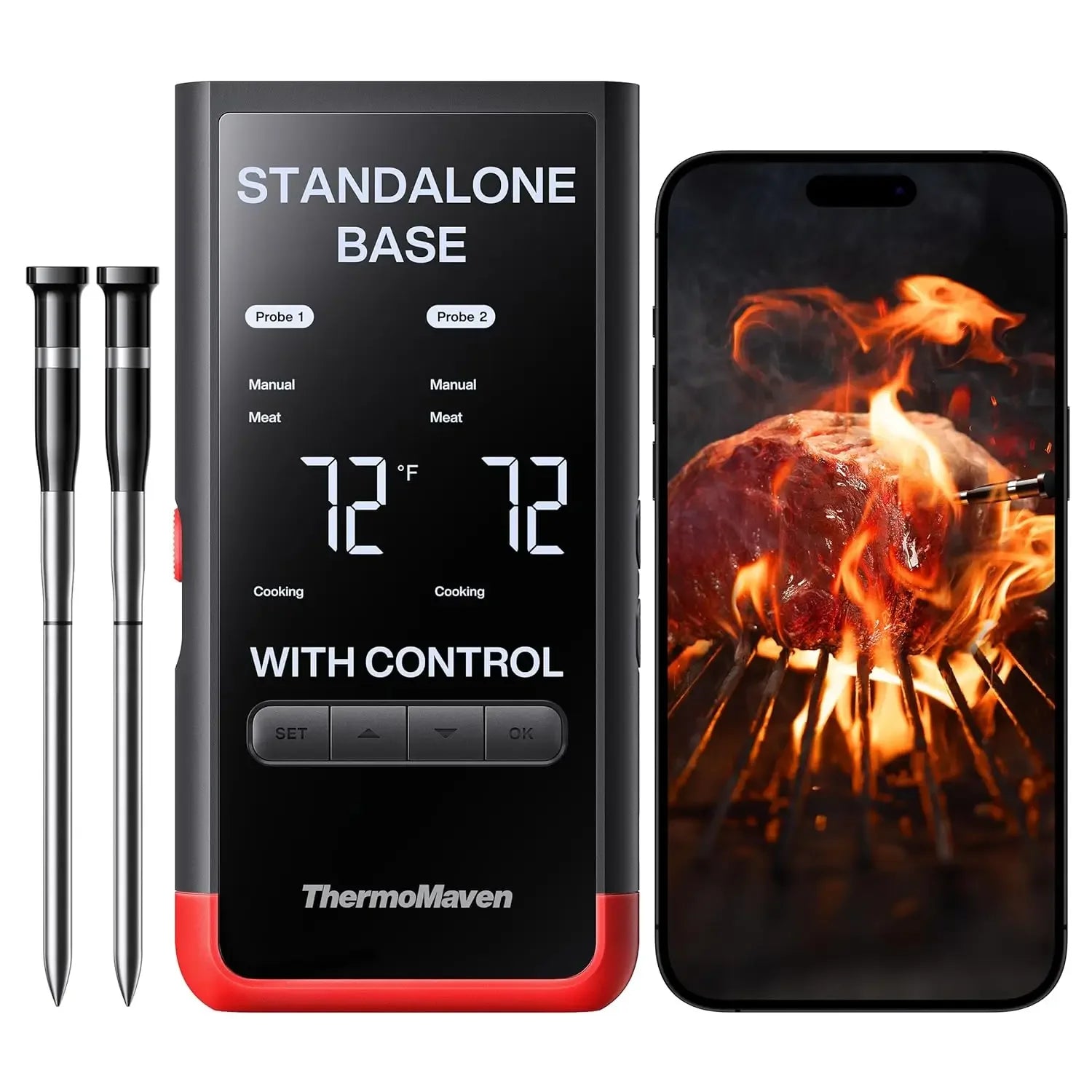 Wireless Smart Bluetooth Meat Thermometer: Standalone Base, WiFi Unlimited Range, 6 Sensors