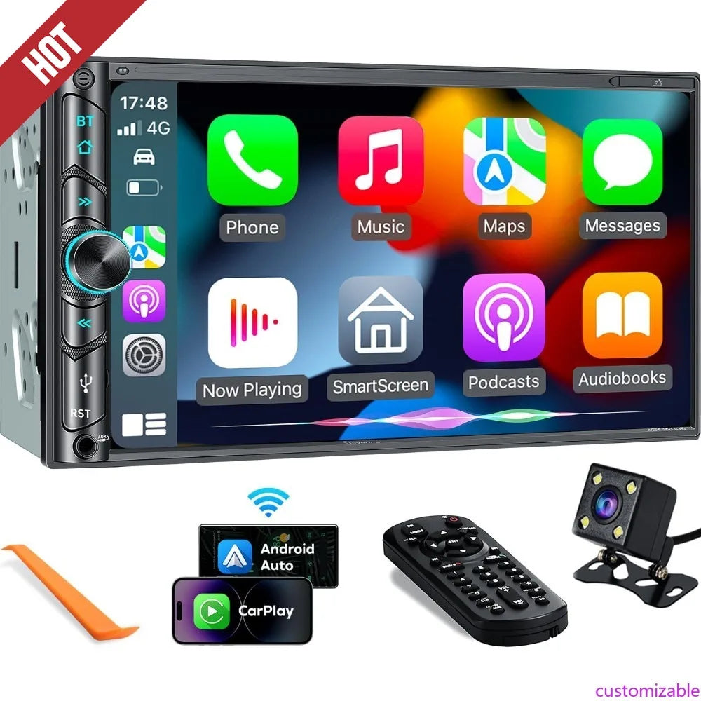 Customizable-Upgrade Wireless Double Din Car Stereo With Carplay, Android Auto, Bluetooth, 4-Channel RCA, High Power, 2 Subwoofe