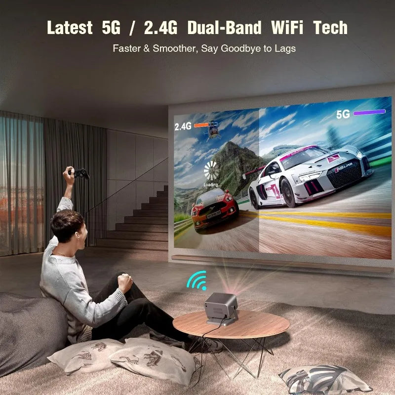 [Auto Focus] 4K Projector with WiFi and Bluetooth, 3D Stereo Sound & Auto Keystone Video Projector, MAX 300''Display (Grey)