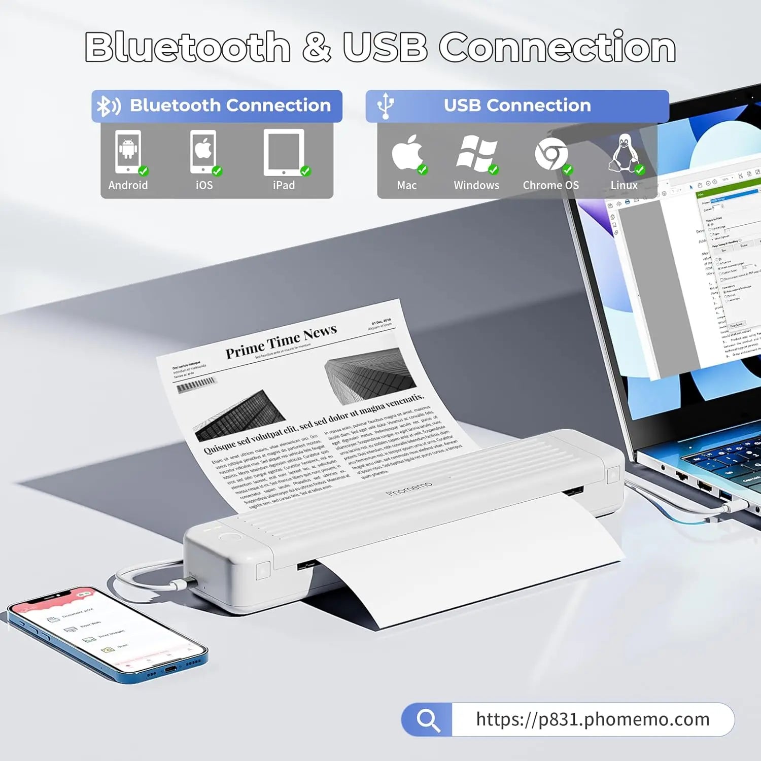 P831 Printer - [Upgrade] 300 DPI Bluetooth Travel Printer Support 8.5x11 US Letter & A4 Regular Copy Paper, Mobile Printer